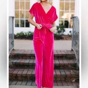 Mint Julep Holiday Vixen Fuchsia Pink Velvet Jumpsuit